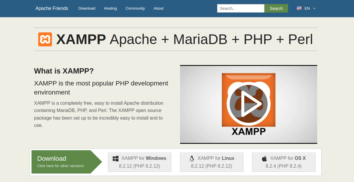 XAMPP download page showing different operating system versions